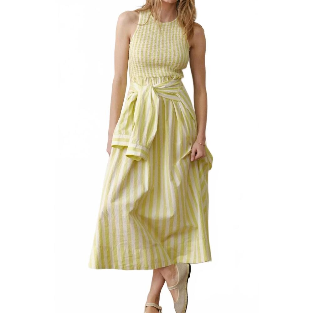 NEW MARINE LAYER darcy poplin smocked dress in lime stripe